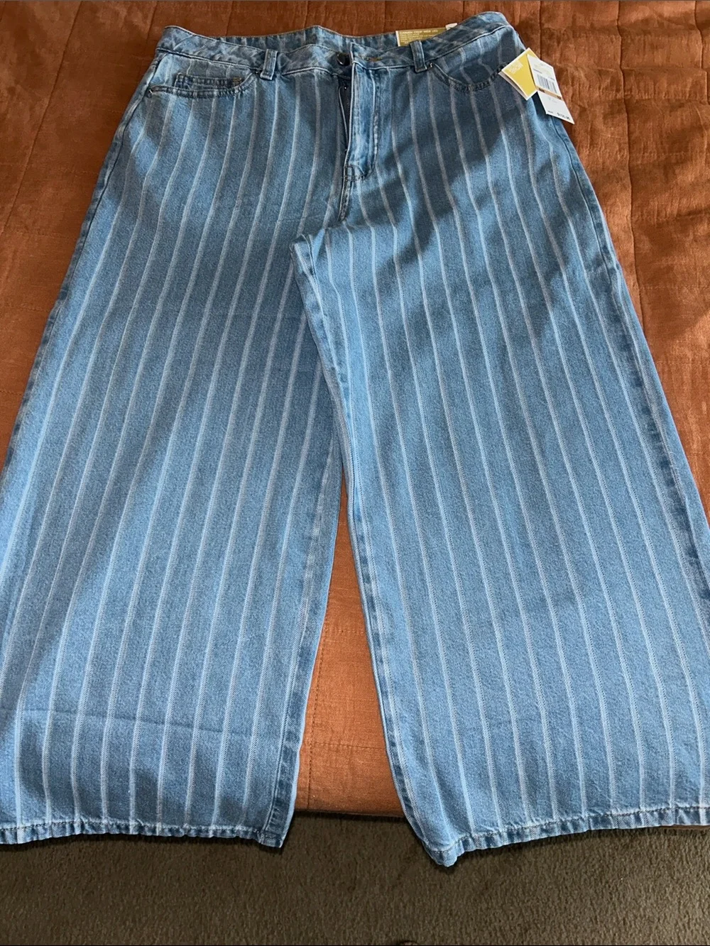Michael Kors Blue & White Vertical-Stripe Wide-Leg Jeans
